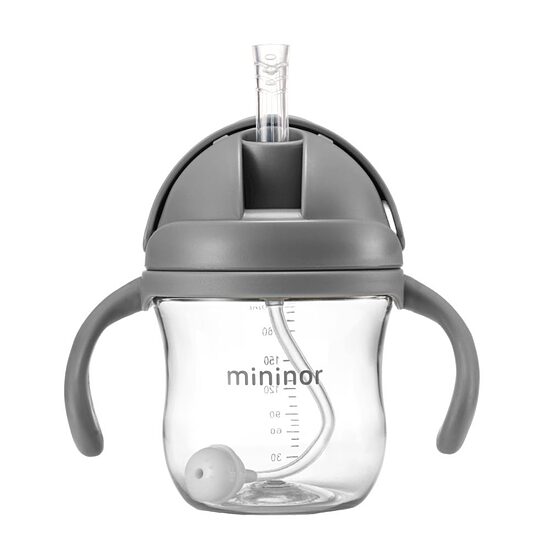 MININOR Bērnu Krūze ar salmiņu un rokturiem, pelēka 220ml